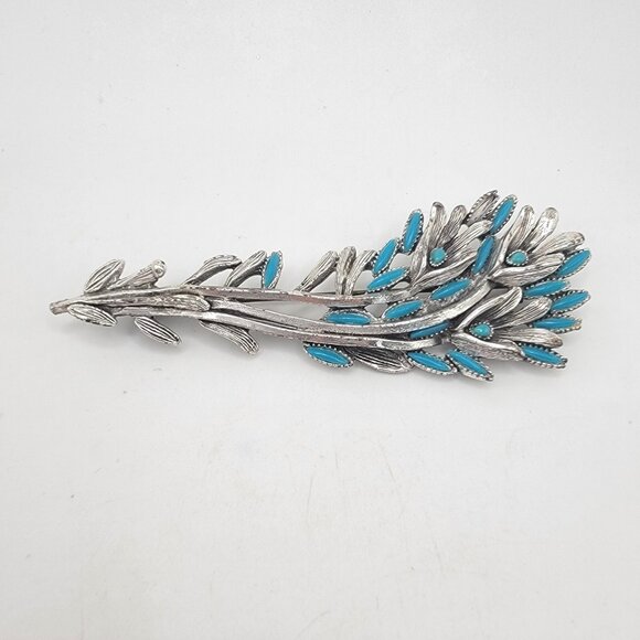 Vintage‎ Large Silvertone Teal Blue Floral Leaf Bouquet Pin BROOCH - Picture 1 of 3